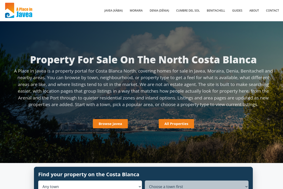 A Place in Javea property website homepage shown on a desktop screen