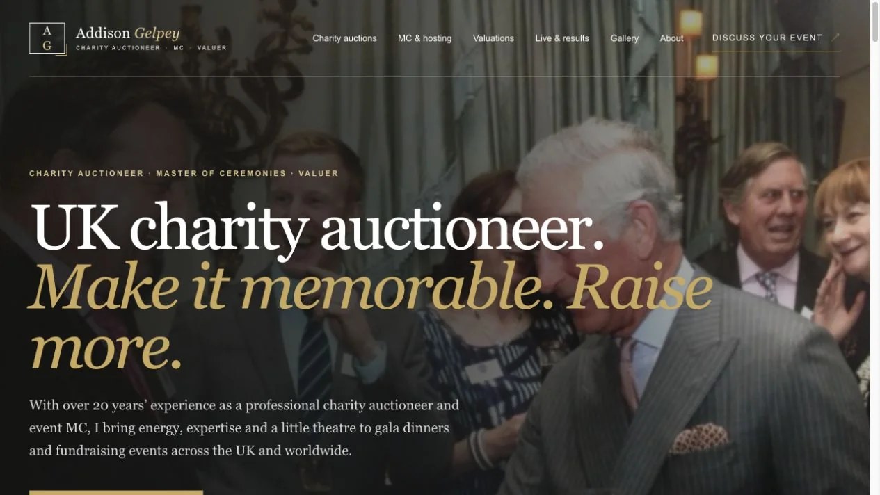 Addison Gelpey charity auctioneer website displayed inside a browser frame