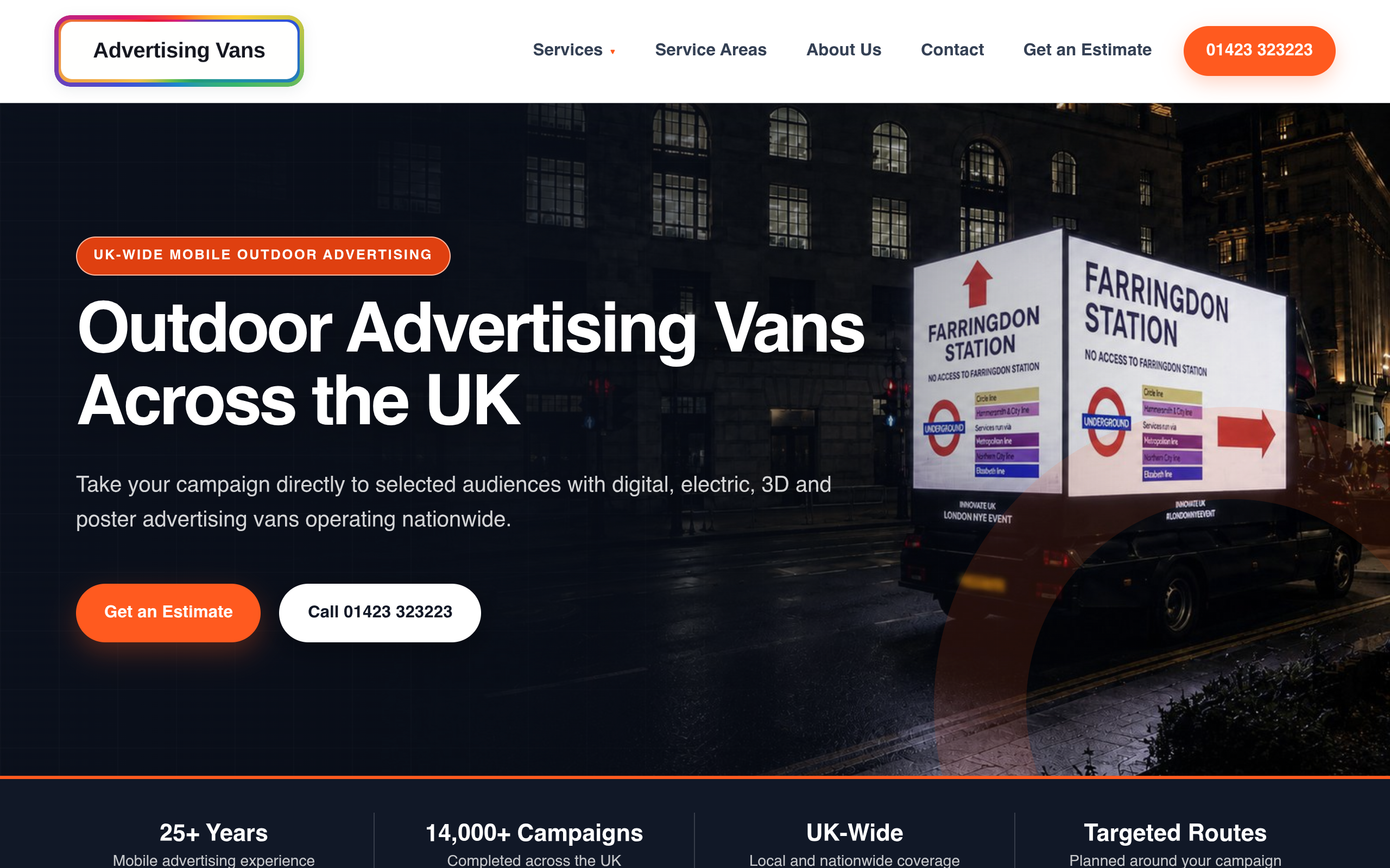 Advertising Vans homepage shown on a desktop screen