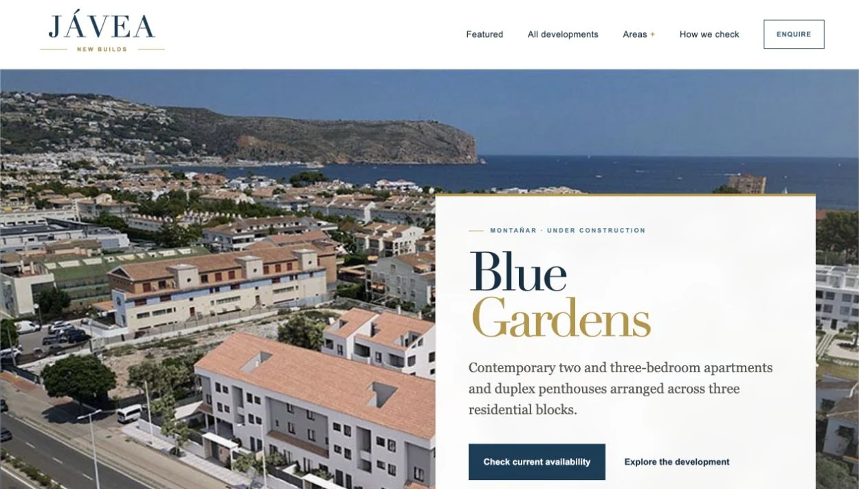 Blue Gardens development page shown within a browser frame