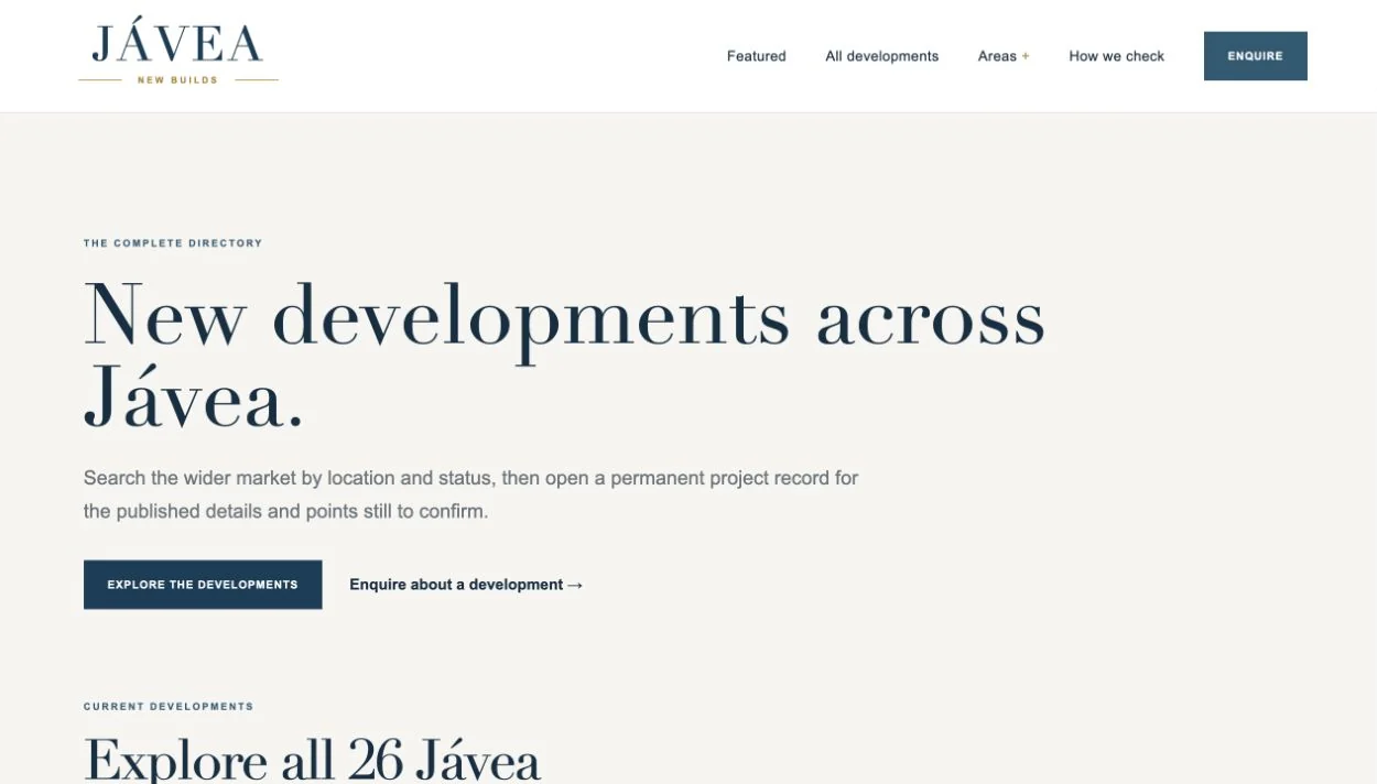Jávea New Builds developments directory shown within a browser frame