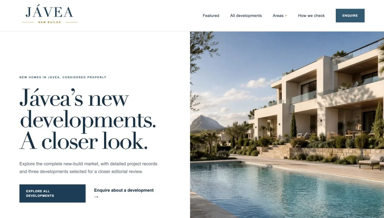 Jávea New Builds homepage shown within a browser frame