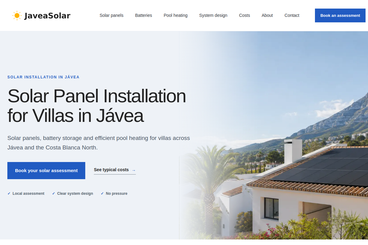 Javea Solar homepage shown on a desktop screen