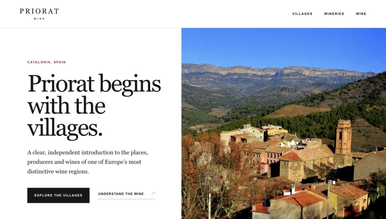 Priorat Wine homepage showing the village-led editorial design