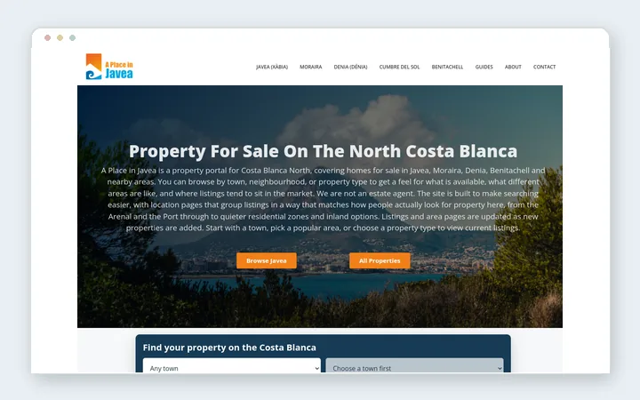 A Place in Javea website shown in a browser frame