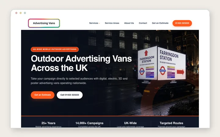 Advertising Vans website shown in a browser frame