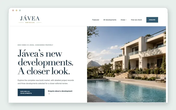 Jávea New Builds website shown in a browser frame