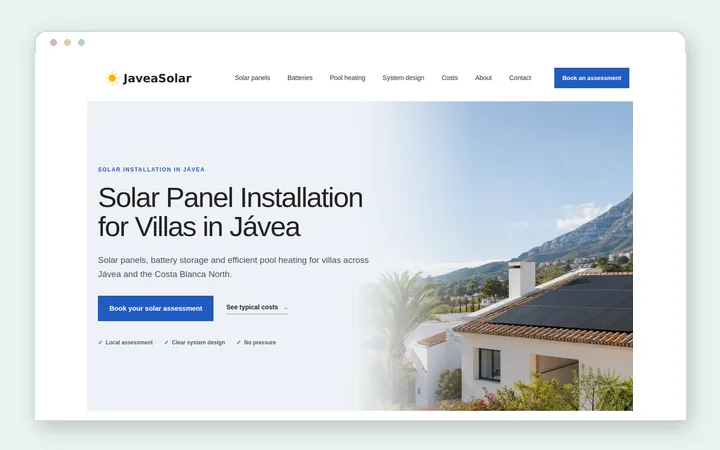 Javea Solar website shown in a browser frame